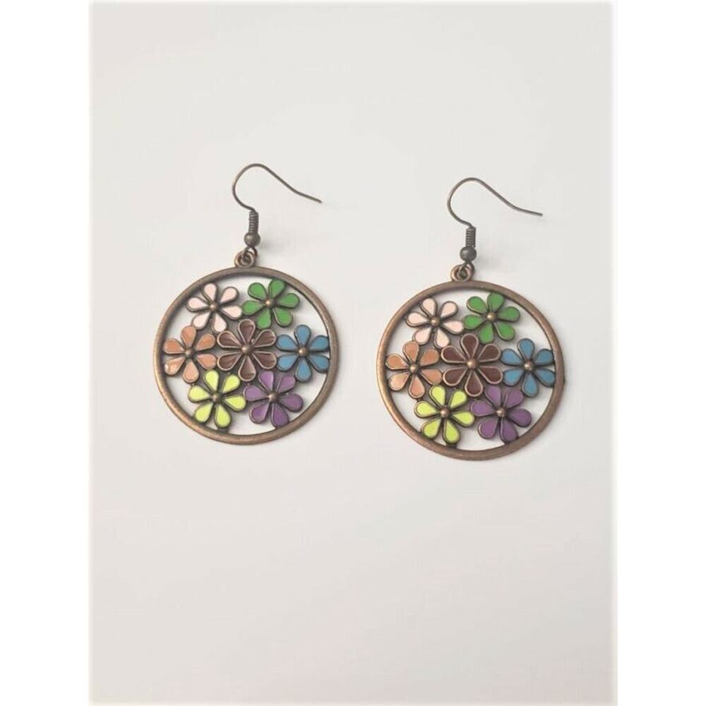Beautiful Large Multi Color Flower Circle Earrings Statement - Brand New - Picture 2 of 4